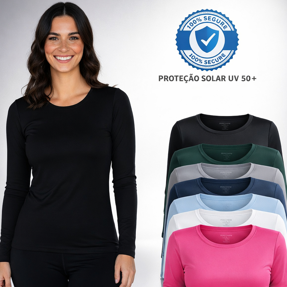 Camiseta Feminina Térmica Manga Longa Proteção Solar Uv 50+ Corrida Praia Fitnes Praia Verão Básico