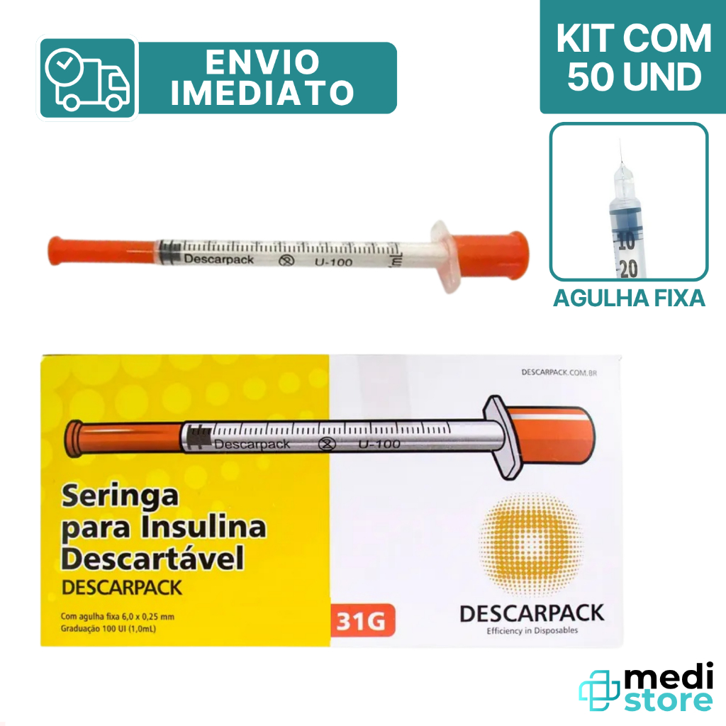 Seringa para Insulina 1 mL com Agulha Fixa 6x0,25mm com 50 Unidades - Envio Imediato