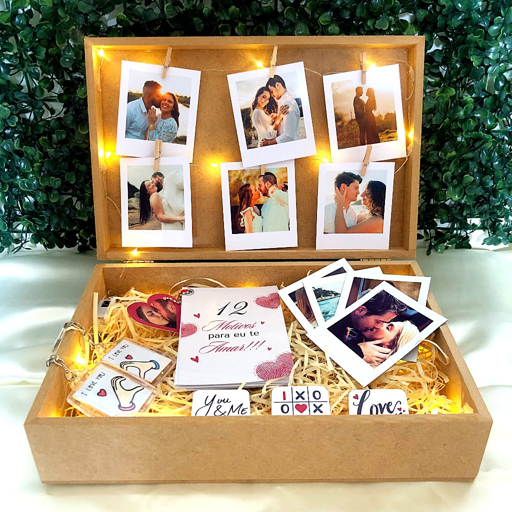 Caixa Mdf com Luz de Led + Fotos Polaroids + Cartão Grátis Presente para Namorado/Namorada/Aniversário/Dia dos Namorados