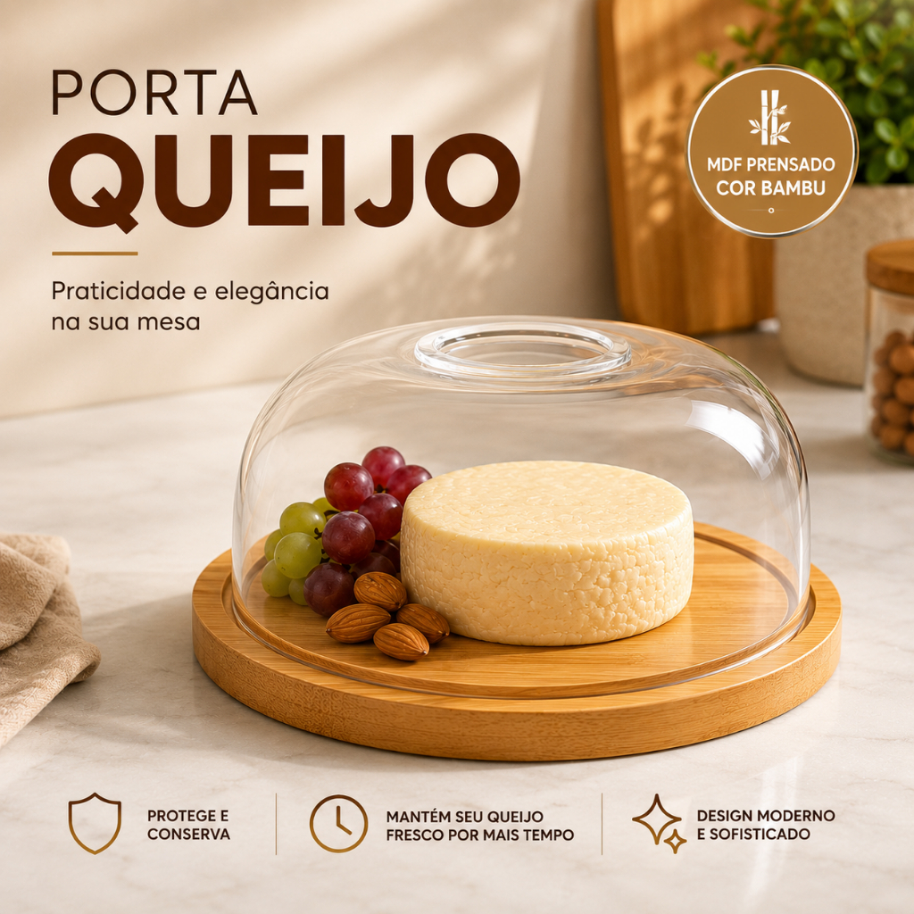 Porta Queijo Cor Bambu com Tampa Acrílico Para Frios e Manteigueira Queijeira Multiuso Conserva