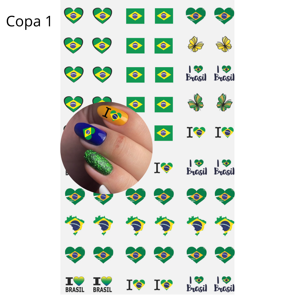 Adesivo de Unha 3D 30 Pares Copa do Mundo Futebol Verde Amarelo Hexa 2026