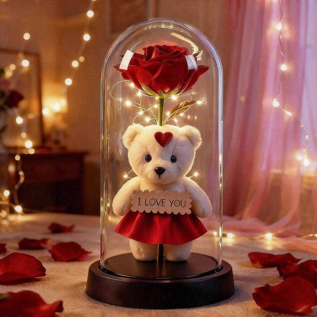Rosa Encantada com Luz LED - Flor Eterna Decorativa em Cúpula de Acrílico Presente de aniversário para namorado