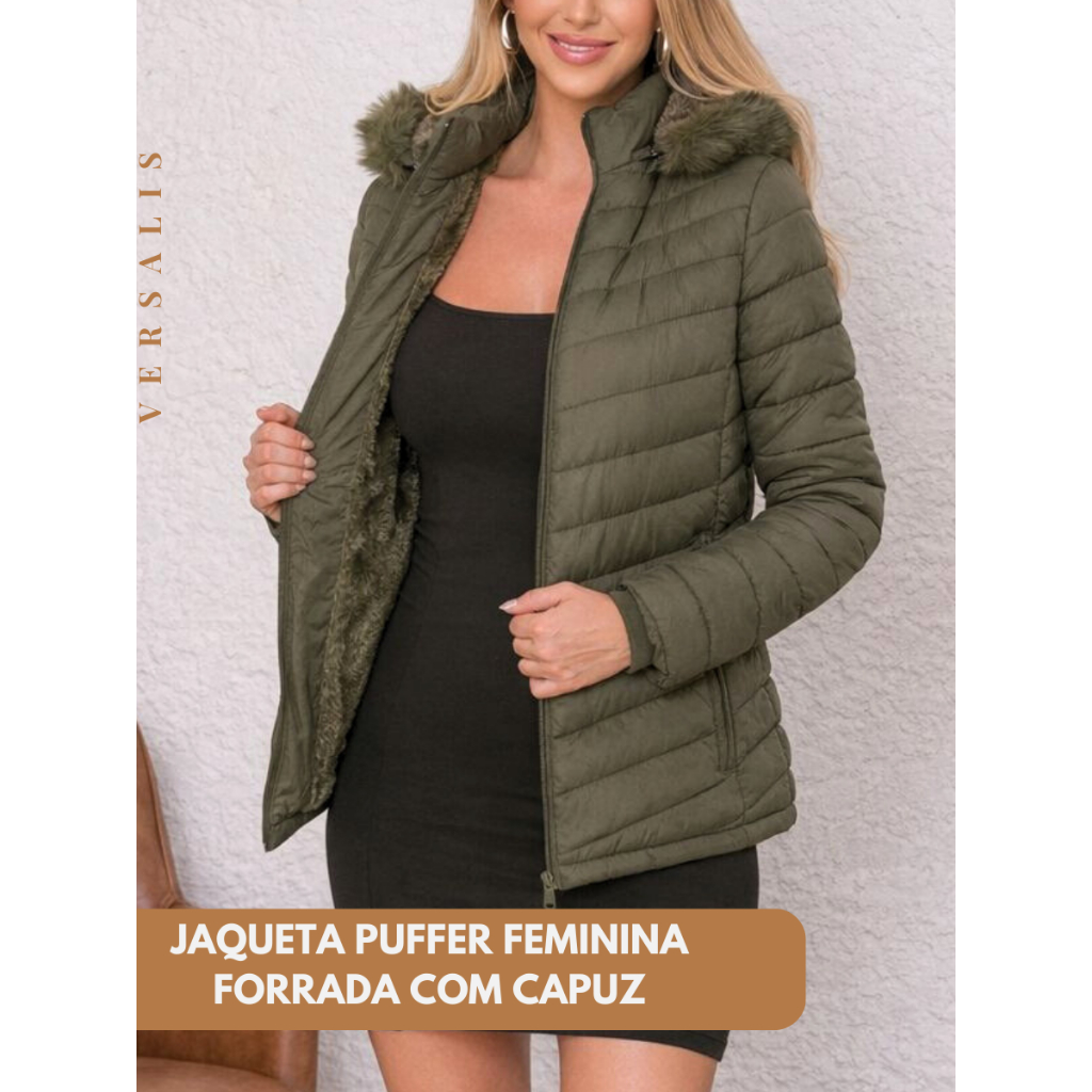 Jaqueta Puffer Gominho Feminina Peluciada com Capuz Pelo Forrada Térmica Inverno Acolchoada Impermeável Bolsos Zíper