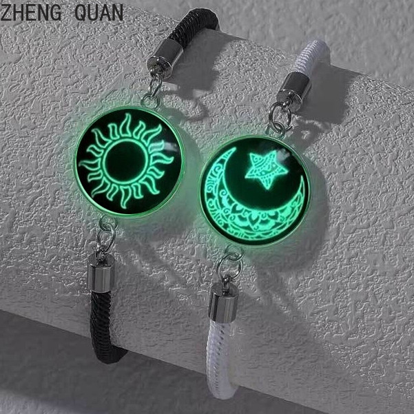 2 Pçs/SET Romântico Luminoso Sol Lua Casal Pulseiras Vidro A Charme Amizade Joias Presente De Dia Dos Namorados Para Mul