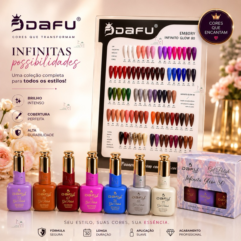 Nova Coleção Esmaltes em Gel Dafu Infinito Glow 80 Cores Alta Pigmentação Sem Hema Sem TPO 12ml