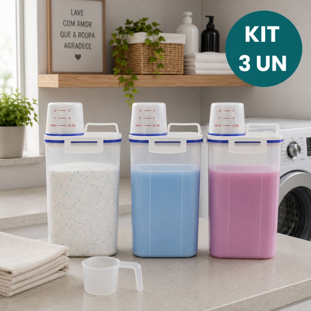 Kit 3 Potes Herméticos 2L Para Lavanderia Com Vedação P/ Sabão em Pó Amaciante Produtos de Limpeza Organização Total