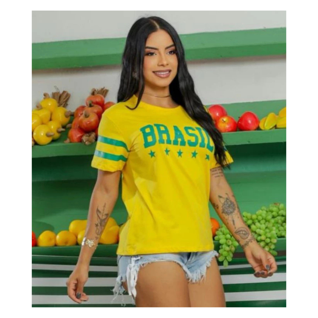 Blusa T-Shirt Camiseta Brasil Feminina Manga Curta Copa Do Mundo Moda Verão