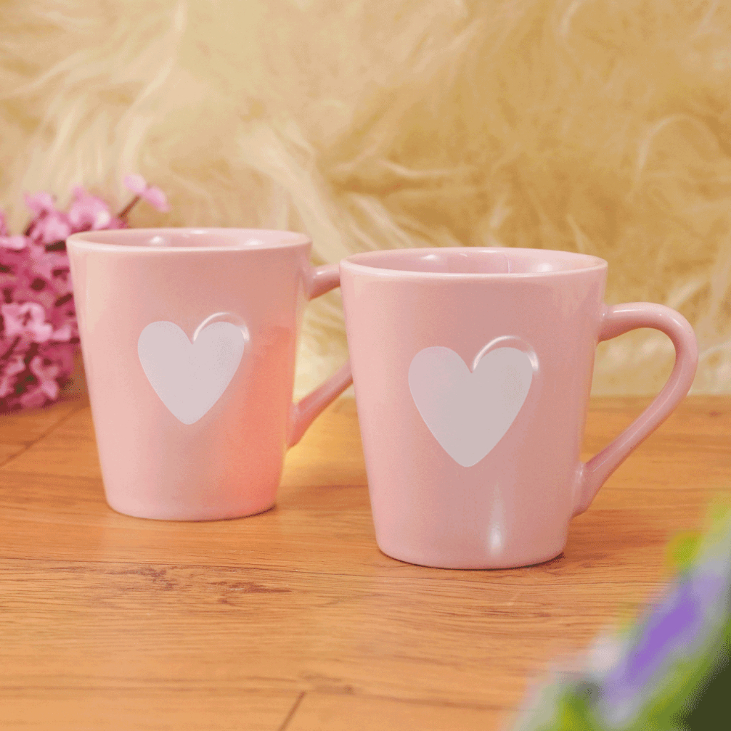Kit 2 Xicaras Canecas Chá Café Porcelana 120 ml Rosa Coração Relevo Branco