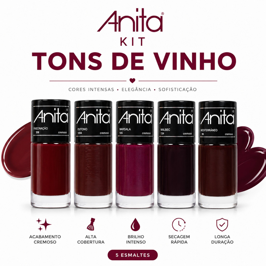 Kit Esmaltes Anita Tons de Vinho – Fascinação, Marsala, Outono e Malbec