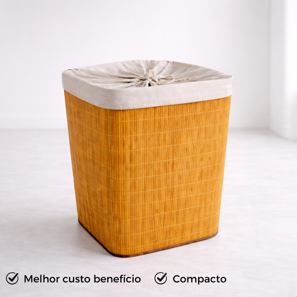Cesto De Roupa de Bambu Dobravel Organizador Forrado Banheiro 72L Grande Cesto Retangular