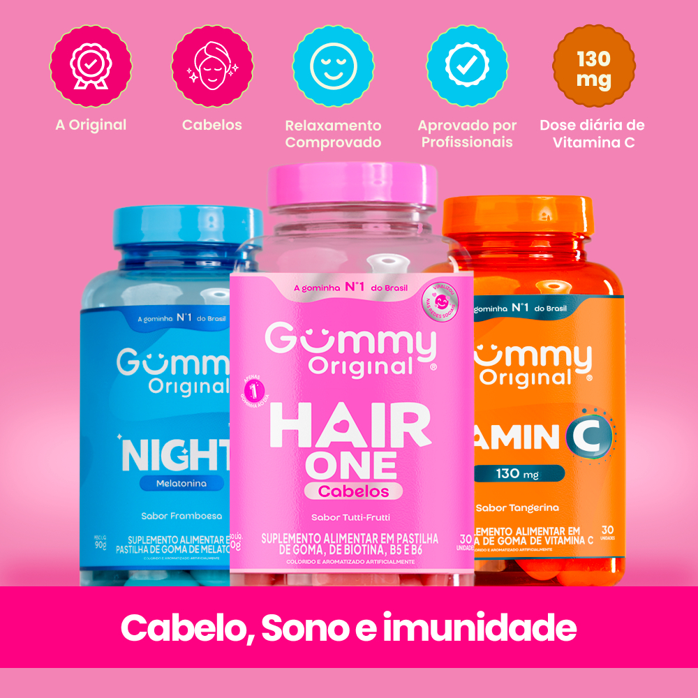 Kit Gummy Night + Hair + Vitamina C 3 Frascos Melatonina Biotina Imunidade