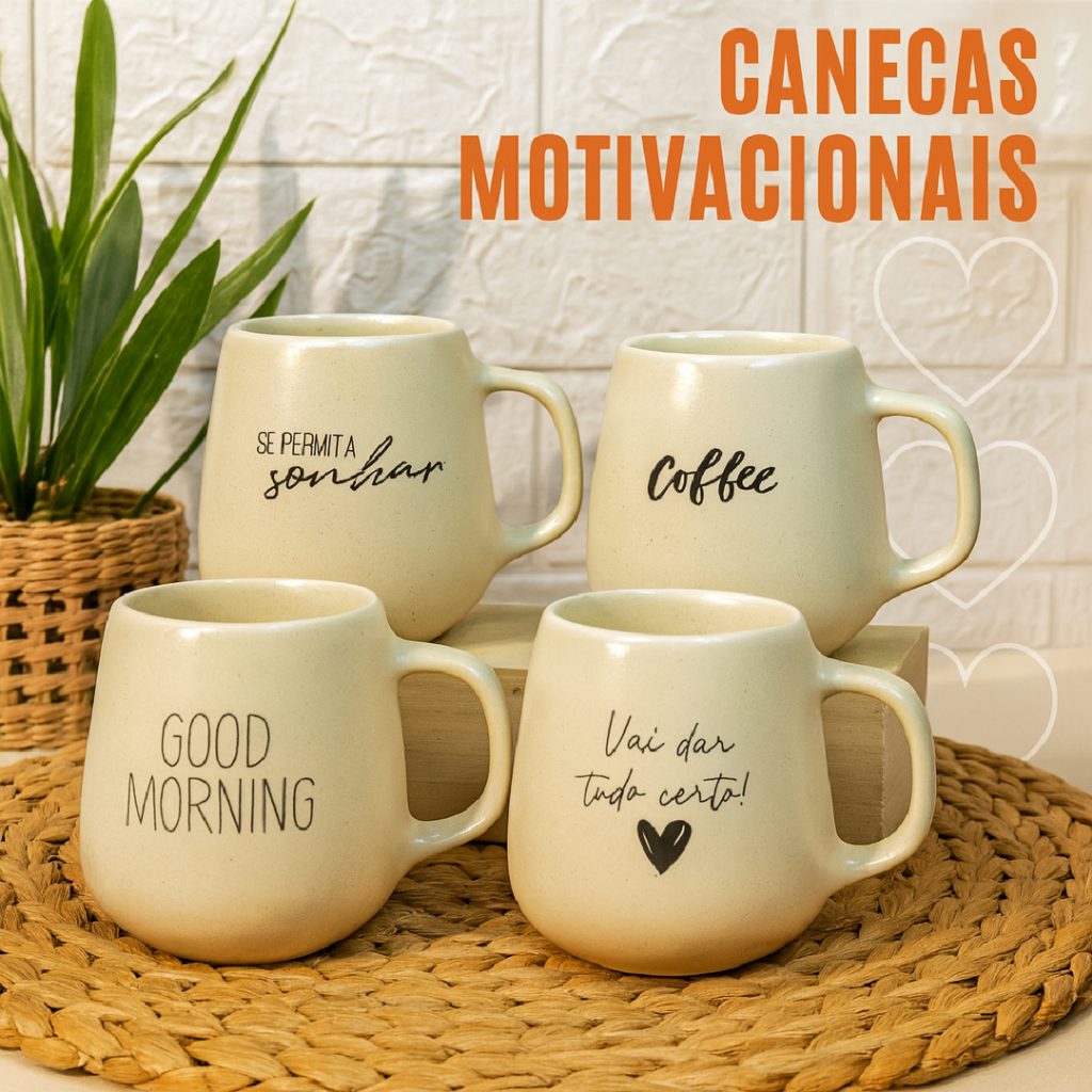 Jogo Caneca Bojuda 260ml Motivacional Porcelana Acetinada Fosca Cappuccino Café Mesa Posta Presente