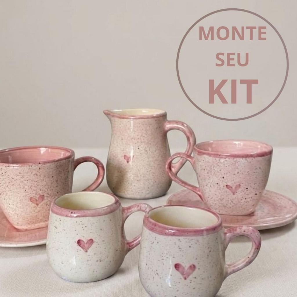 Peças disponíveis  de Xícaras de Cerâmica Rosa com Pires e Leiteira | Conjunto Café Completo Decorativo