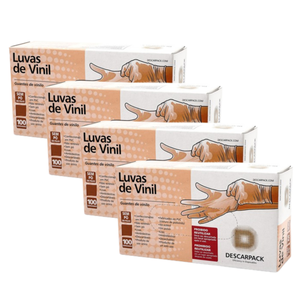 kit com 4 Luva vinil sem pó descarpack com 100 unidades cada caixa