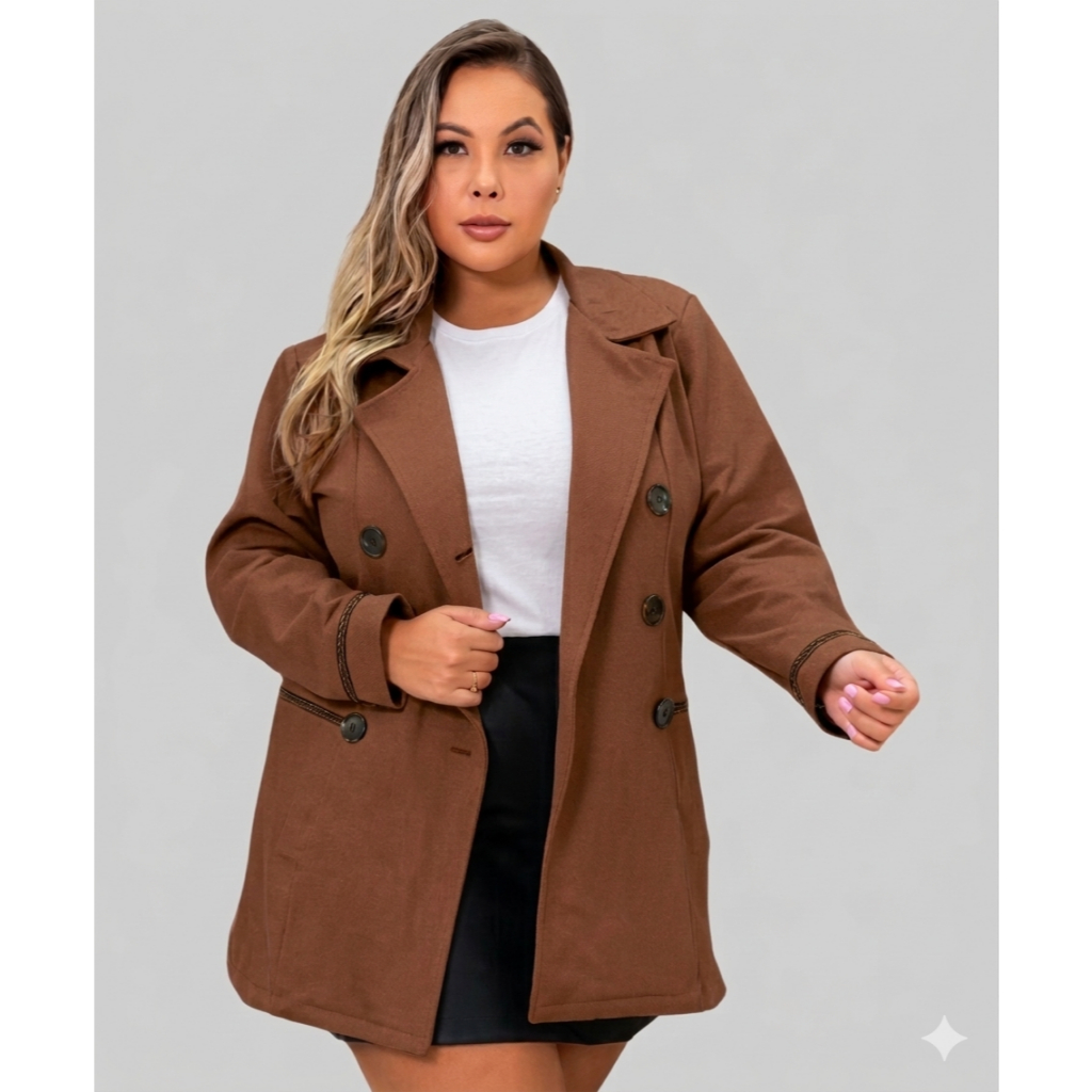 Casaco Longo Feminino Plus Size G1 G2 G3 Com Botões E Bolsos Gola Redobrável Inverno Premium
