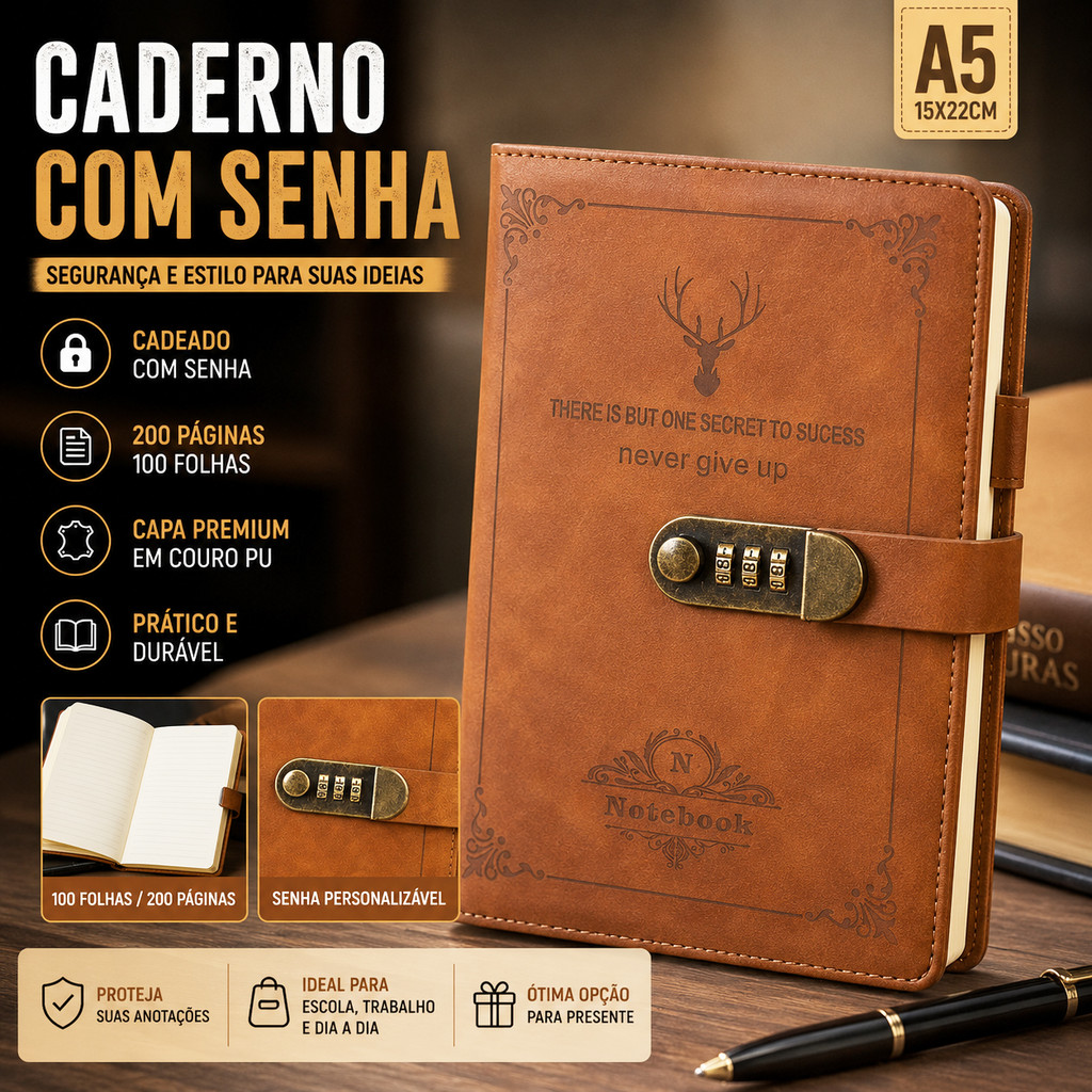 Caderno A5 Com Senha Cadeado Diário Vintage 192 Páginas Capa Couro PU Para Anotações Presente