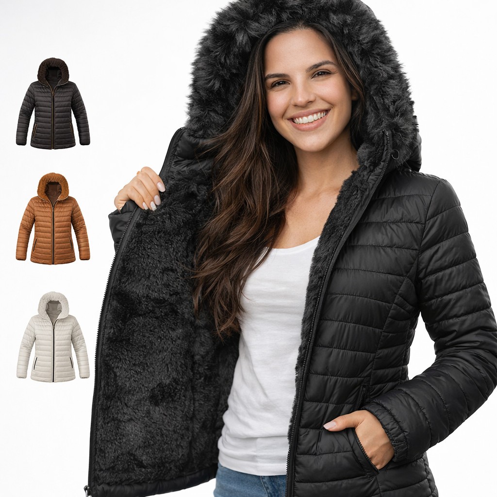 Jaqueta Bobojaco Feminina Puffer Forrada Peluciada Original Capuz Removível Casaco de Frio Gominho Plus Size