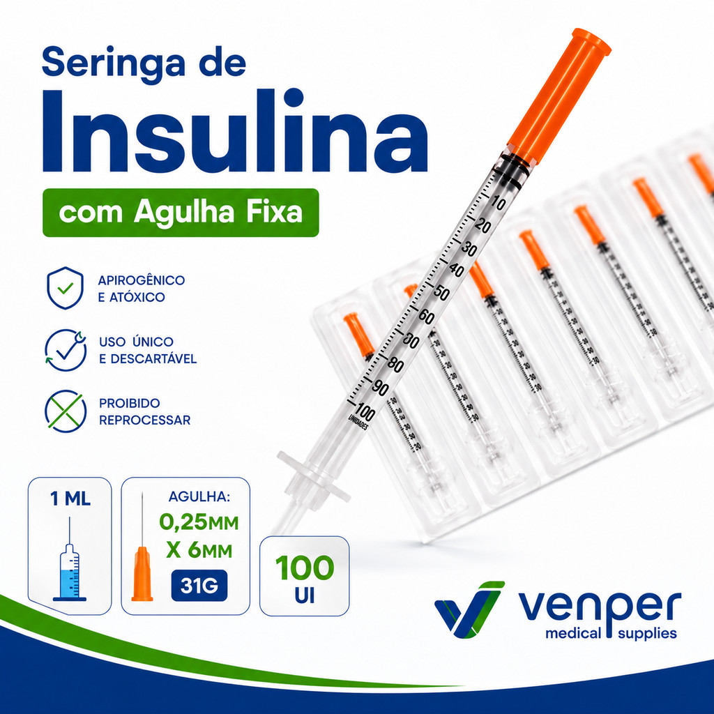 Seringa de Insulina Botox 1ml 100 UI com Agulha Fixa e Ultra Fina 6x0,25MM 31G | VENPER