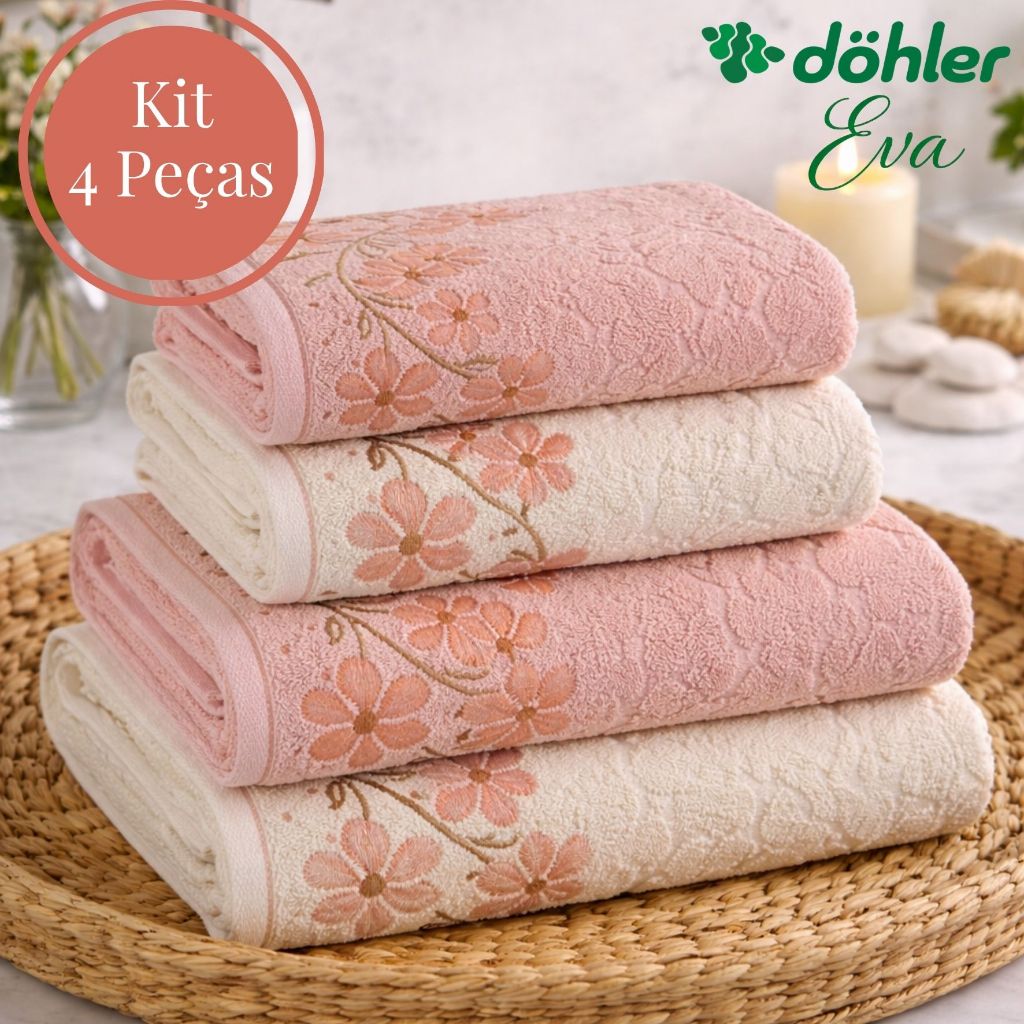 Jogo de Toalha 4 Peças Dohler de Algodão Felpuda Macia Excelente Absorção Banho e Rosto Eva