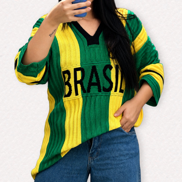 Camisa Feminina Tricot Brasil Listrada Decote V Roupa Feminina Brazilcore Seleção Moda Copa