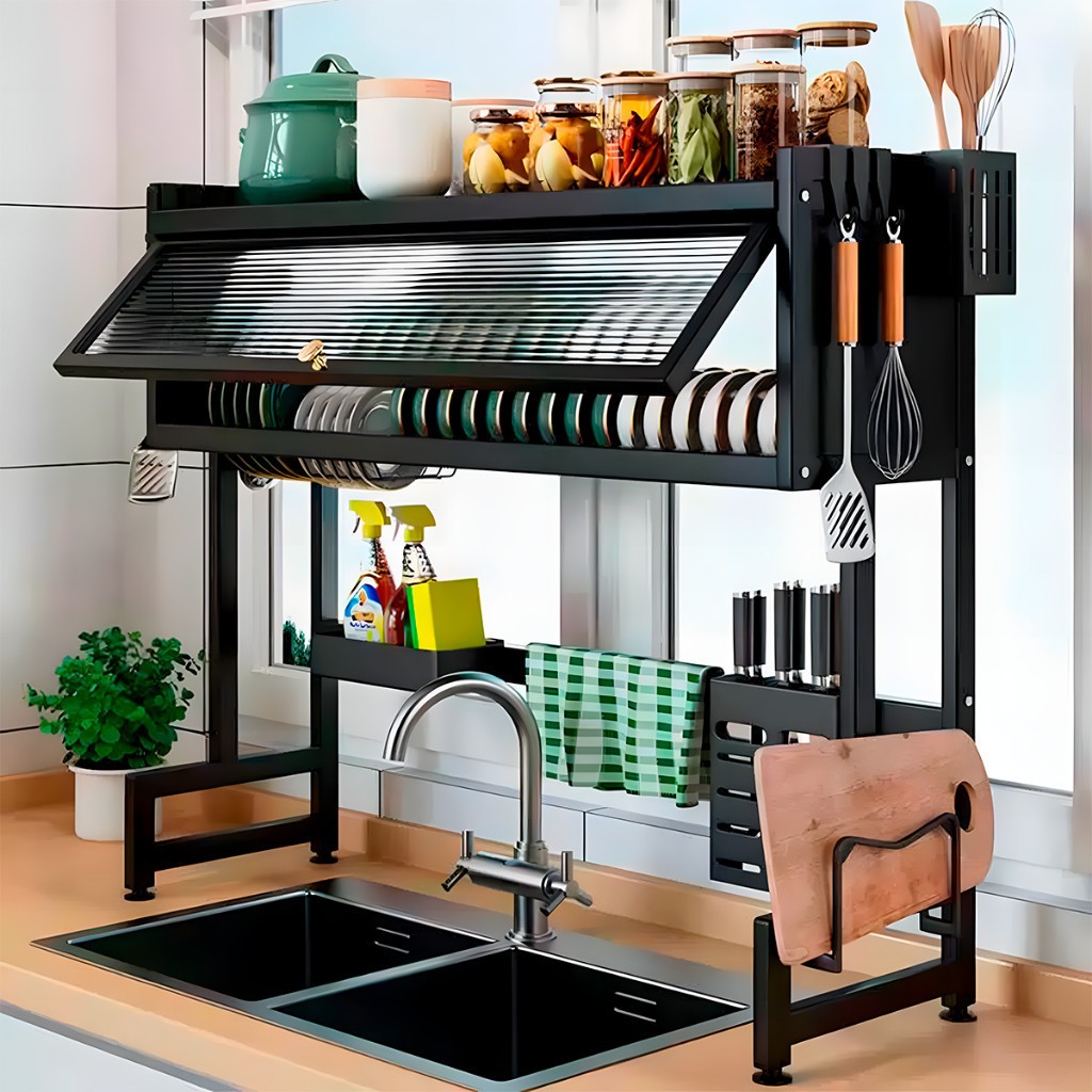Escorredor De Pratos De Cozinha Suspenso Modular , Organizador , Prateleira Dupla De Asfalto Com Porta 65cm