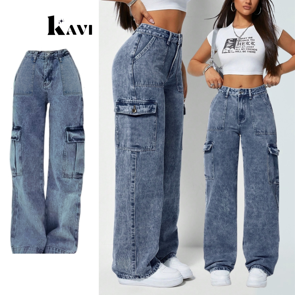 Calça Cargo Jeans Feminina Bolso Lateral Cintura Alta Wide Leg Pantalona