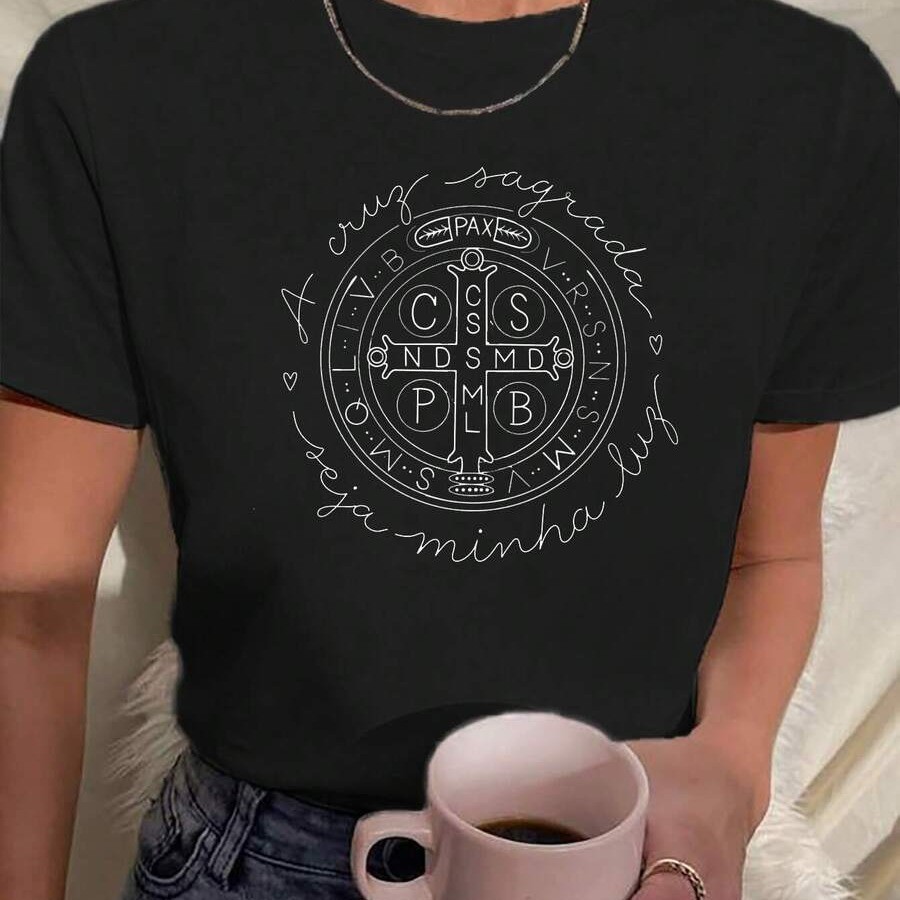 Camiseta Feminina Medalha de São Bento Religião Católica 100% Algodão Varias Cores