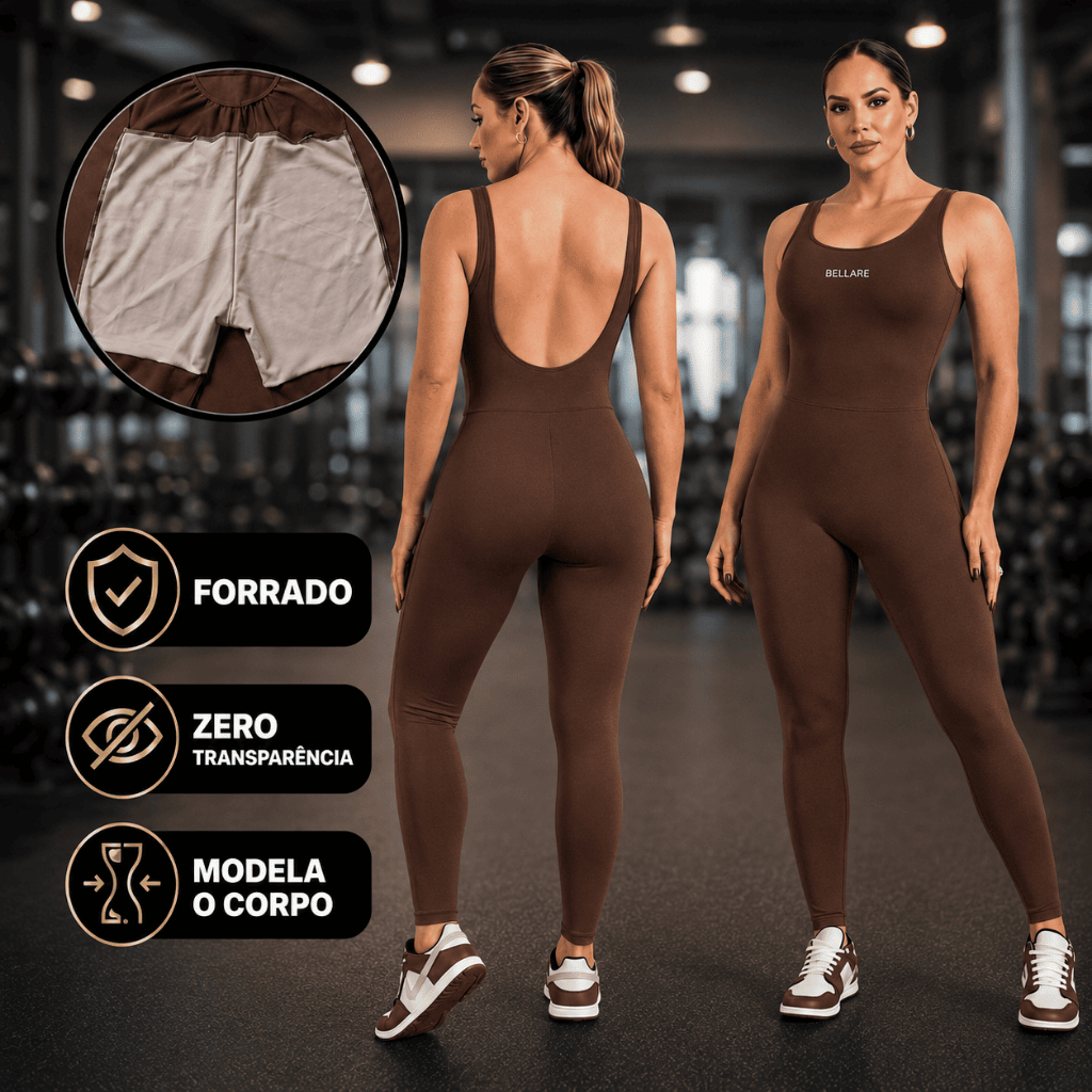 Macacão Fitness Forrado Feminino Longo Roupa de Academia com Costas Abertas Zero Transparência