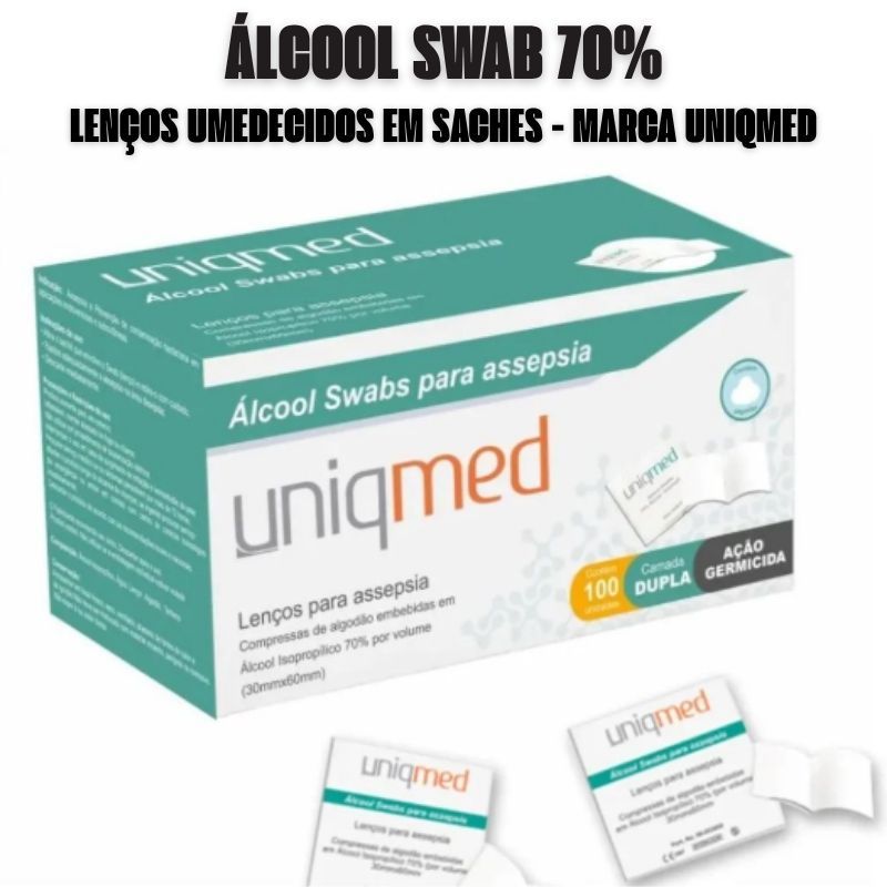 Álcool Swab 70% Lenços Umedecidos Saches UNIQMED kit c/ 100, 300, 500 unidades