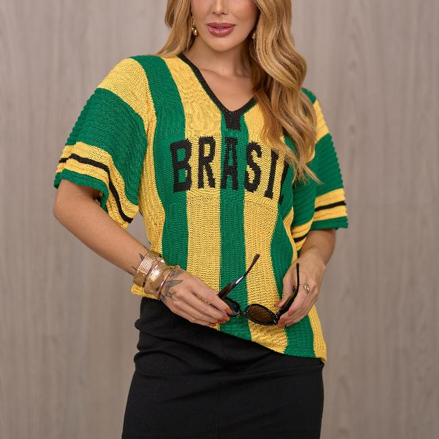 Blusa Tricot Brasil Feminina Oversized Decote V Brazilcore Tendência Moda Copa do Mundo 2026