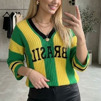 Blusa Tricot Brasil Copa do Mundo Manga 3/4 Canelada V Casual Moda Blogueira Lançamento Feminino