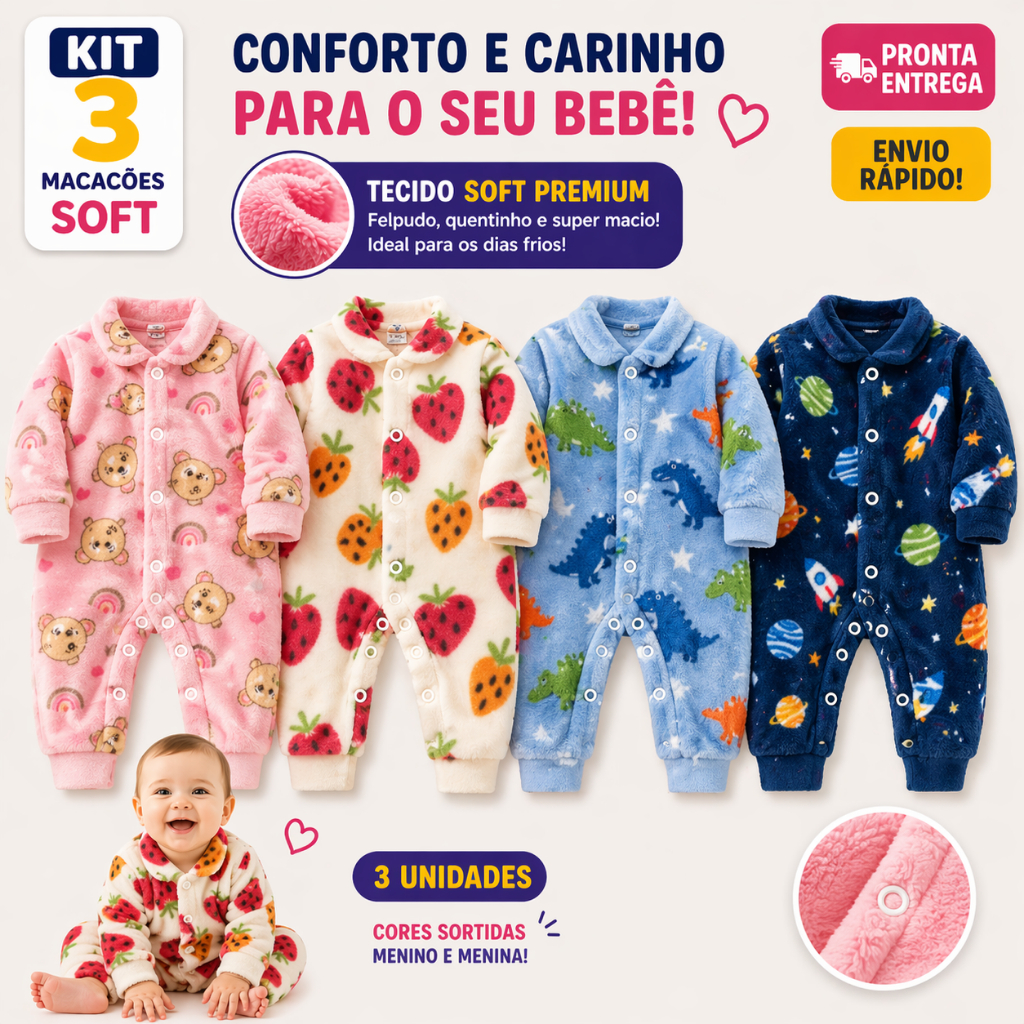 Kit 3 Macacão Soft De Bebê Com Botões Enxoval Infantil
