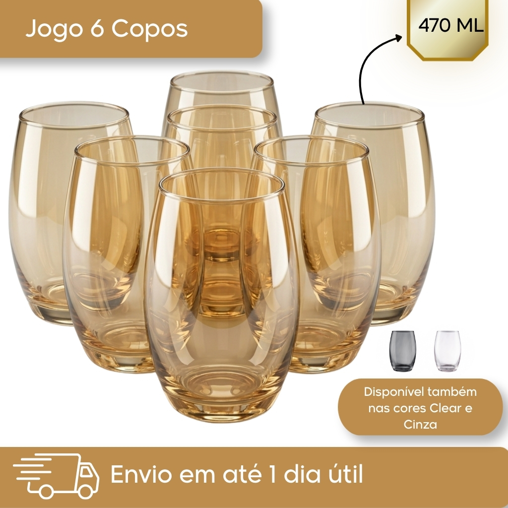 Jogo 6 Copos Vidro Long Drink 470ml Água Suco Drinks Transparente Cinza Âmbar