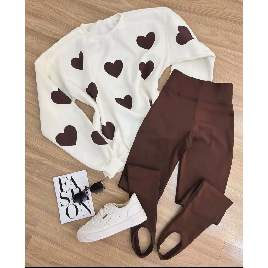 Conjunto De Moletom Feminino Blusa de Coração e Calça Legging Quentinha Roupa para o frio em Alta Tendência