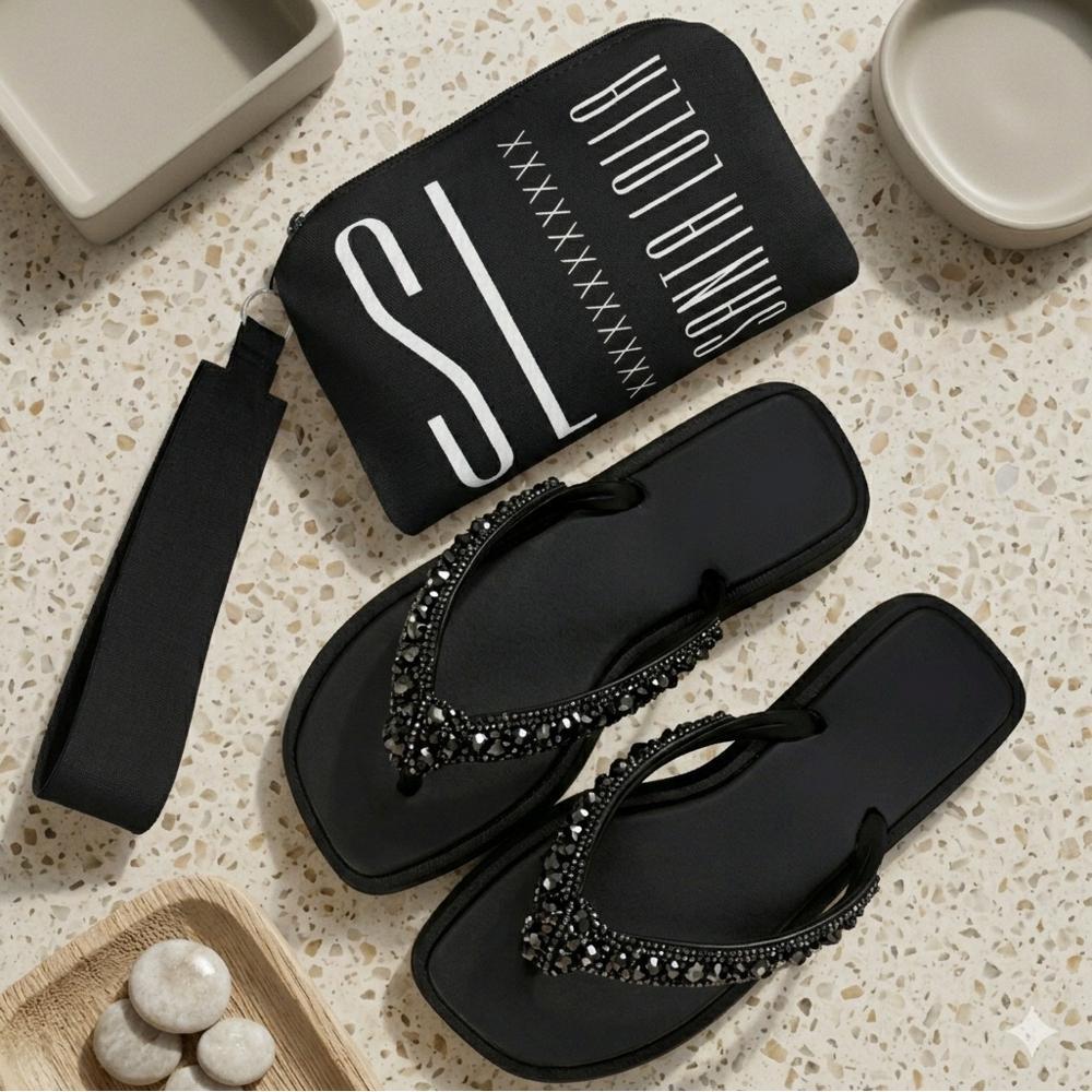 Kit Chinelo Feminino com Strass Brilho + Bolsa De Mao Carteira Luxo Sandália Slim Confortável Elegante