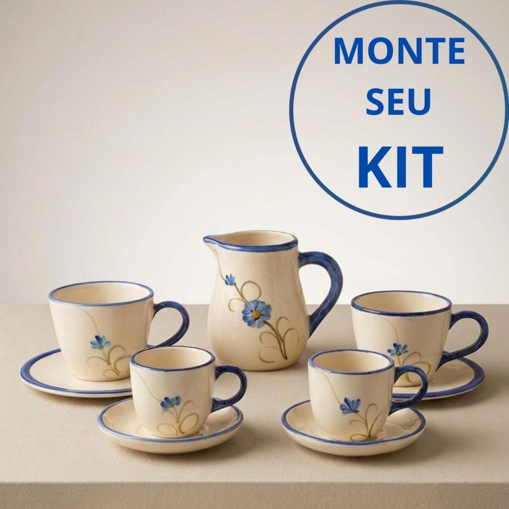 Monte Seu Jogo de Xícaras de Cerâmica com Pires e Leiteira Floral Azul  Kit Café Completo Decorativo