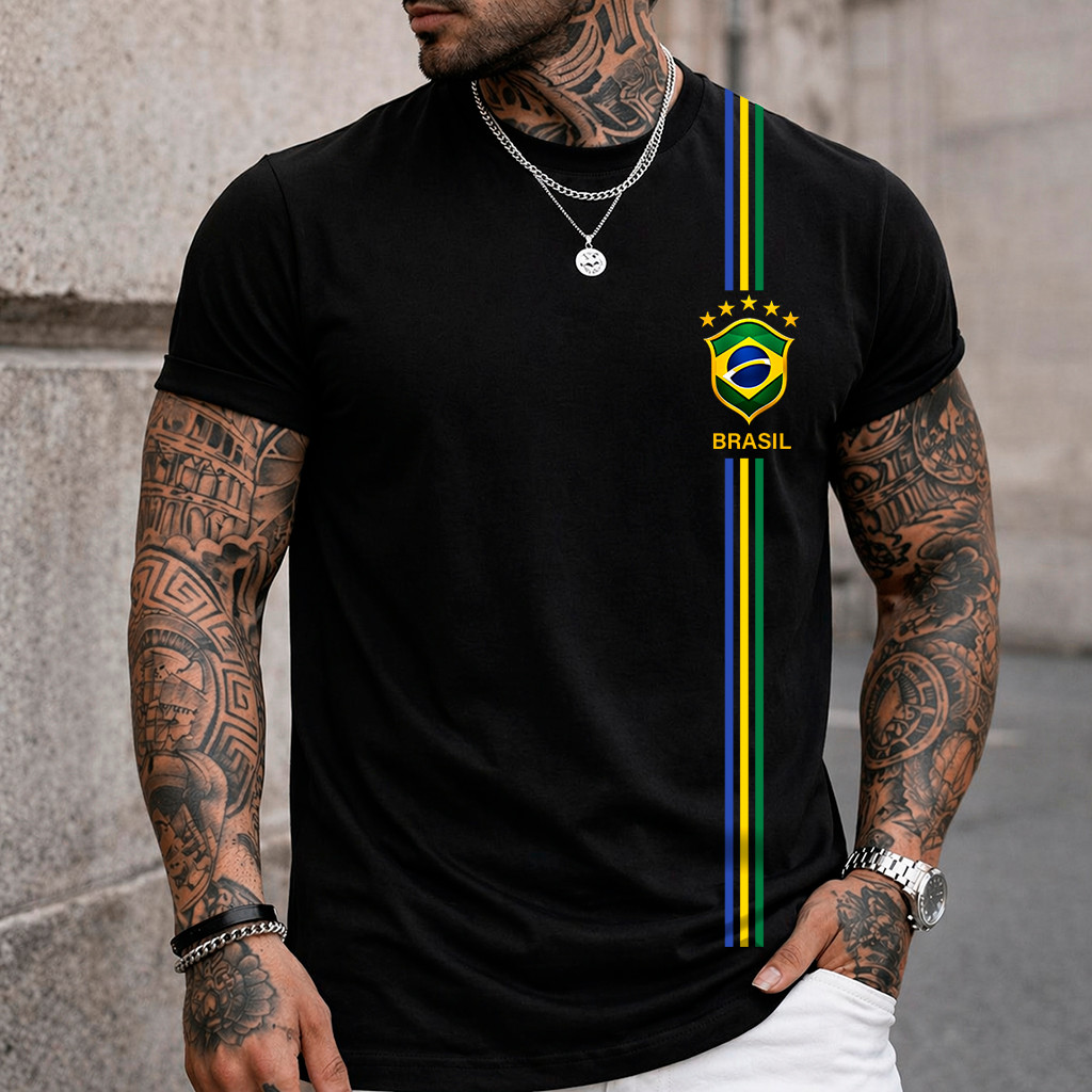 Camiseta Masculina Blusa Brasil 3 Listras T-shirt Verão Manga Curta Camisa Algodão Premium