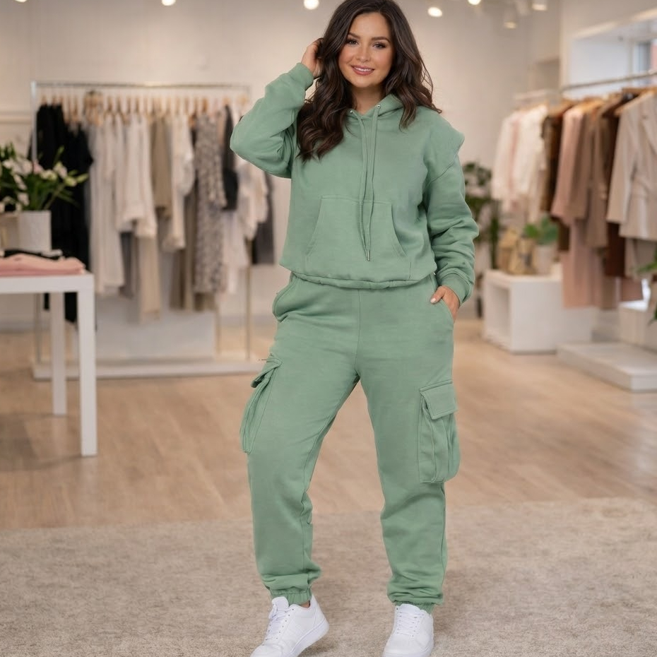 Conjunto Feminino Casual Moletom com Capuz e Calça Cargo Ajustada Tendência Moda 2026
