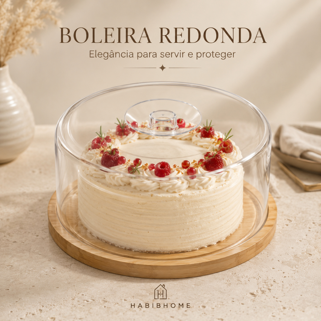 Boleira com Tampa Acrílica e Base de Bambu para Mesa Posta Cozinha Servir Decorar e Organizar