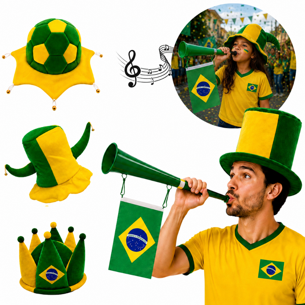 Chapéu do Brasil Torcedor + Vuvuzela Corneta Itens Copa do Mundo 2026 Cartola Fantasia
