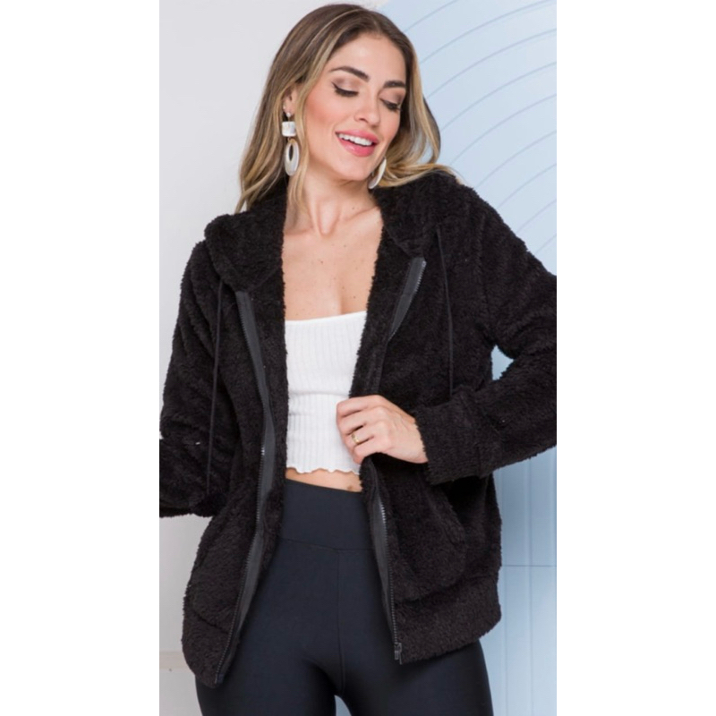 JAQUETA FEMININA DE FRIO COM CAPUZ E ZÍPER CASACO PELINHOS BLUSÃO INVERNO BLUSA