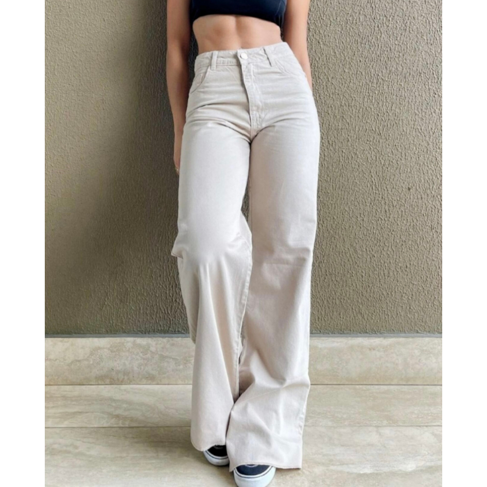 Calça Jeans Feminina Wide Leg Cintura Alta Tecido Grosso Pantalona Linha Premium 100% Algodão