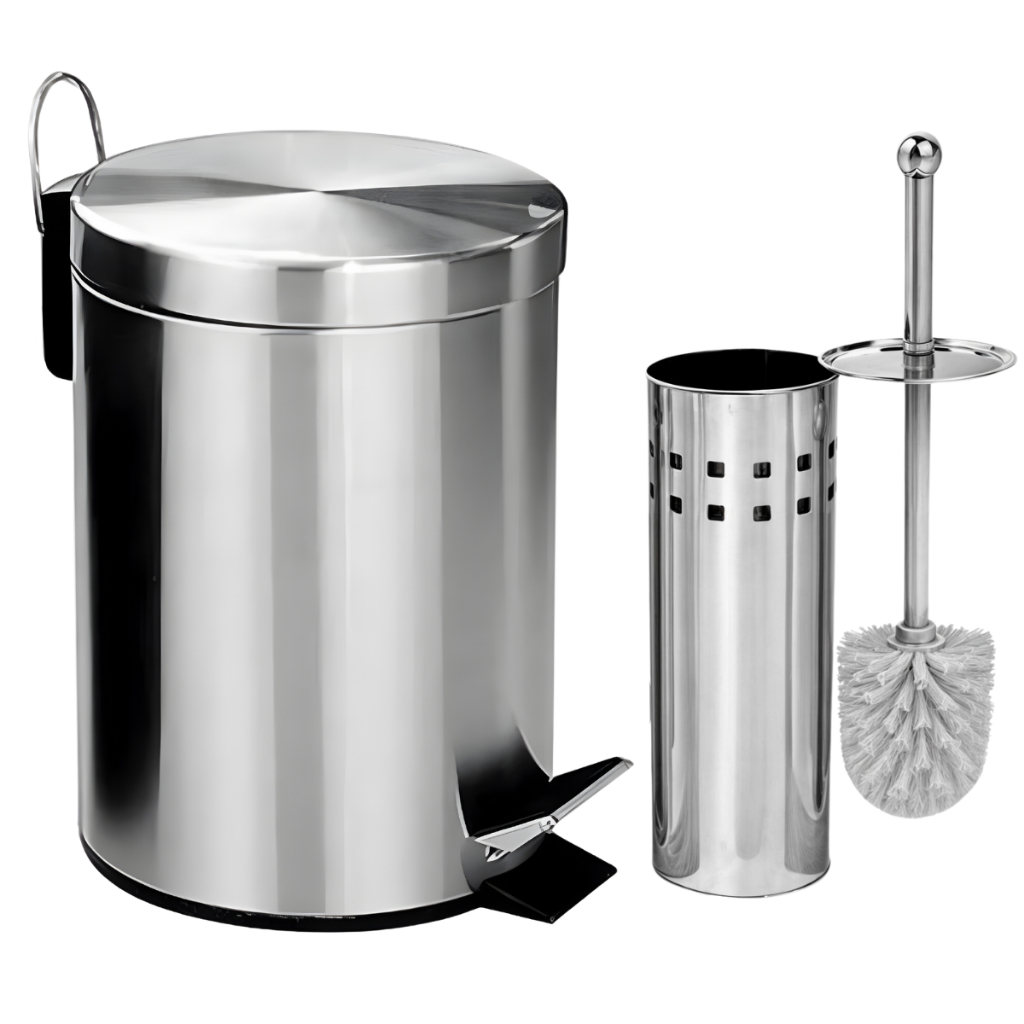 Lixeira Banheiro Inox Pedal Cozinha + Escova Sanitária Inox Com Suporte