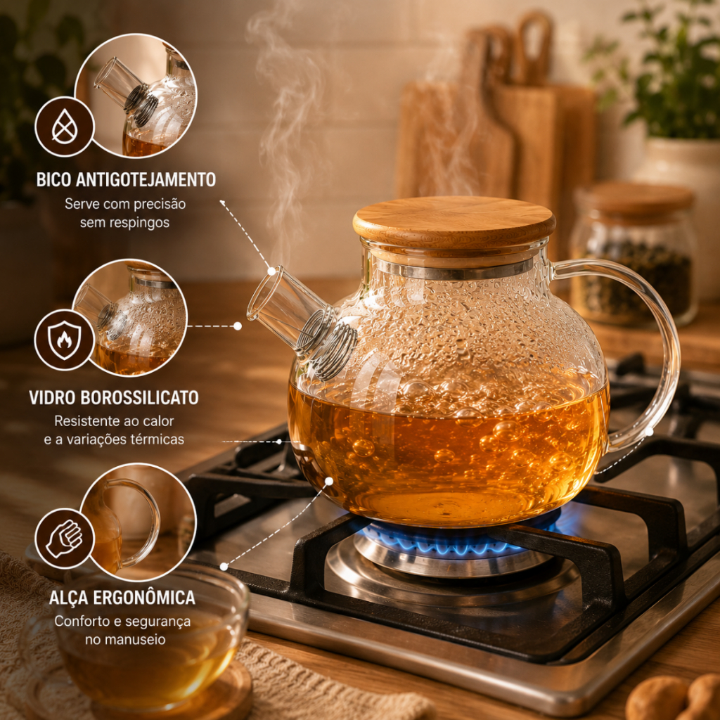 Chaleira de Vidro Borossilicato para Fogão com Filtro Inox e Tampa de Bambu 1000ml