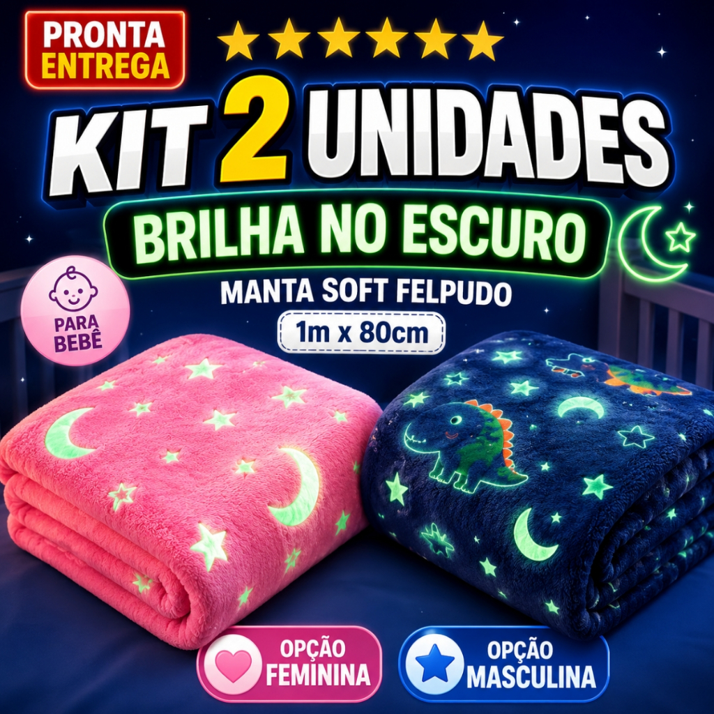 2 Unidades Manta Cobertor Brilha No Escuro Infantil Felpudo 1m x 80cm