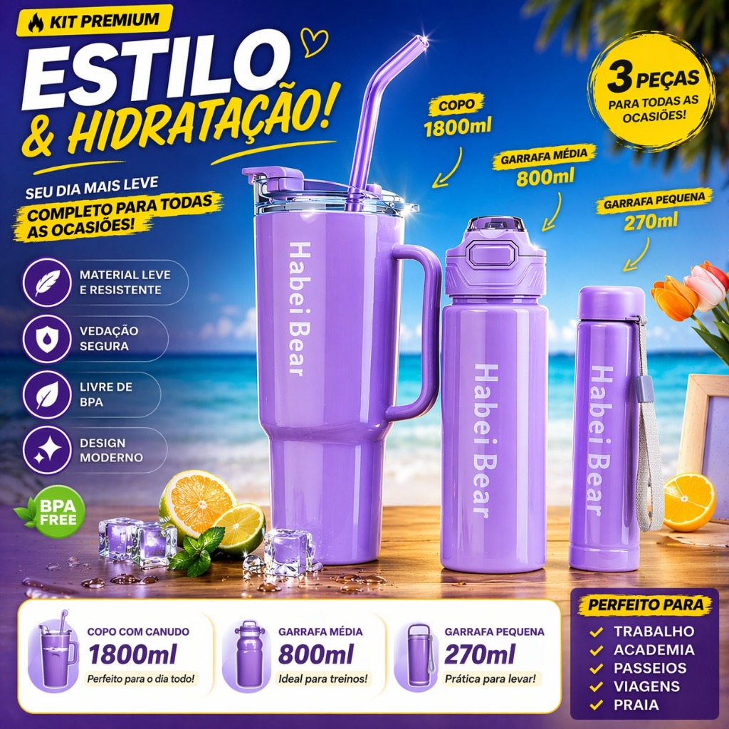 Kit 3 Garrafa Copo Tendência Agua Squeeze Com Adesivos Lembretes beber Agua