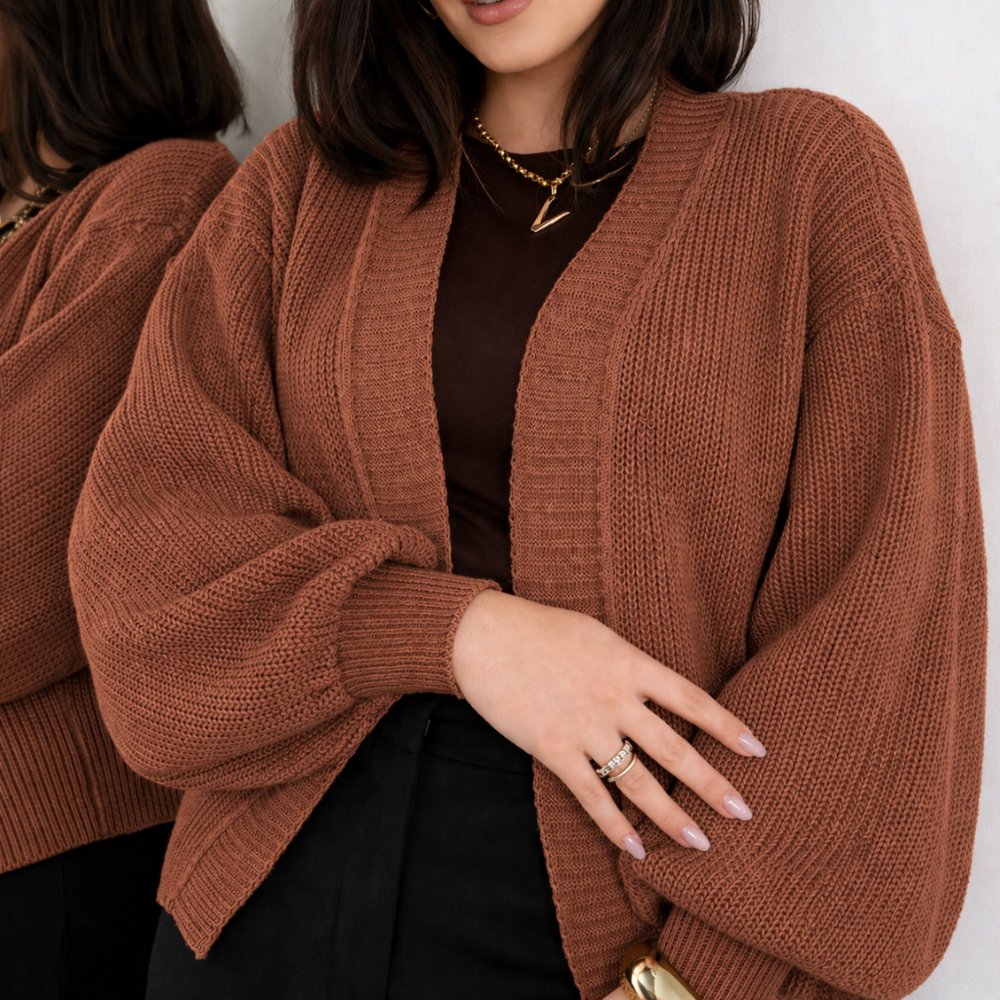 Casaco de Frio Cardigan Feminino Básico de Tricot Tricô Aberto Ponto Fang Manga Longa Bufante Elegante