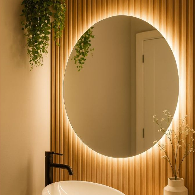 Espelho Redondo com LED Lapidado Decorativo para Banheiro Lavabo Quarto Sala Vários Tamanhos