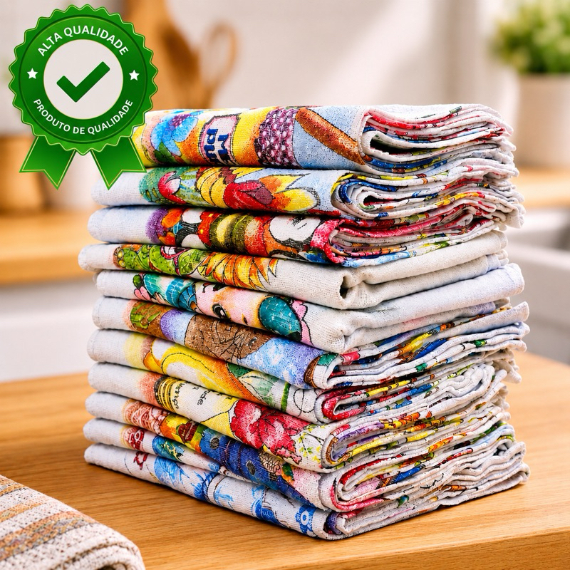 Kit 10 / 5 Pano De Prato Cozinha Estampado 100% Algodão com Bainha pano estampado Decoração 5 e 10 Peças