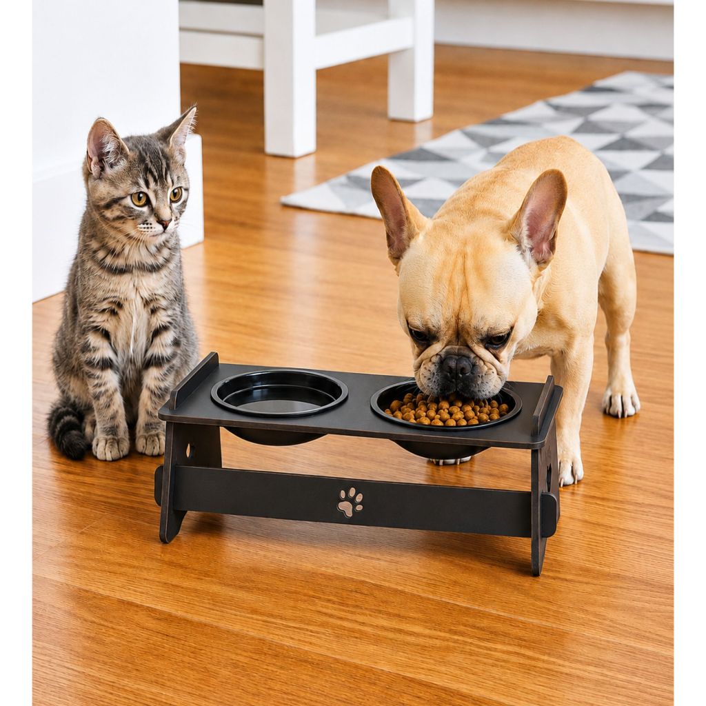 Comedouro Pet Elevado MDF com Tigela e Tampa Gato Cachorro Alimentação Pronta Entrega